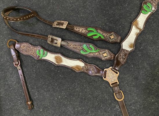 Showman Hair on Cowhide One Ear Leather Headstall and Breast Collar Set with Painted Cactus #2